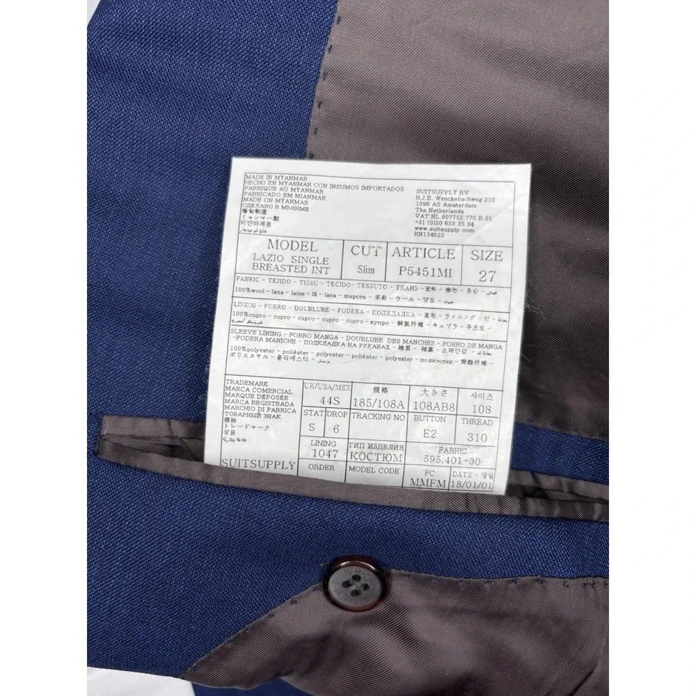 Suitsupply Blazer Jacket Mens 44S Blue Vitale Barberis Canonico Wool Super‎ 1663